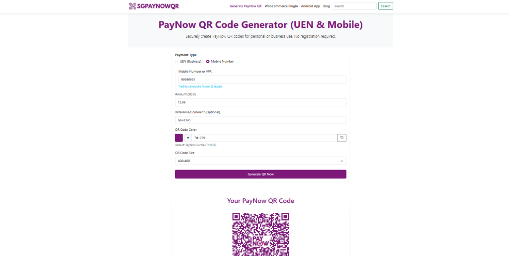 Free PayNow QR Code Generator online at SGPayNowQR.com
