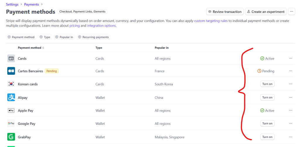 Turn on the payment methods that you want Stripe to collect for you