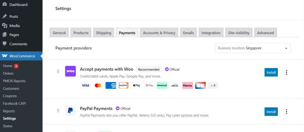 Default payment providers that will be recommended by WooCommerce when you first set it up