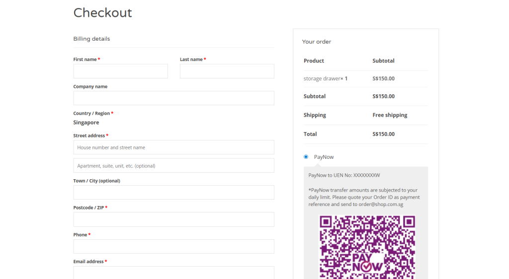 Above: Example of a checkout flow that uses a static PayNow QR code. The buyer needs to input the amount and order ID manually