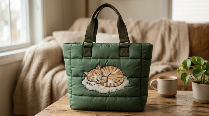 puffer tote bag sleeping cat design