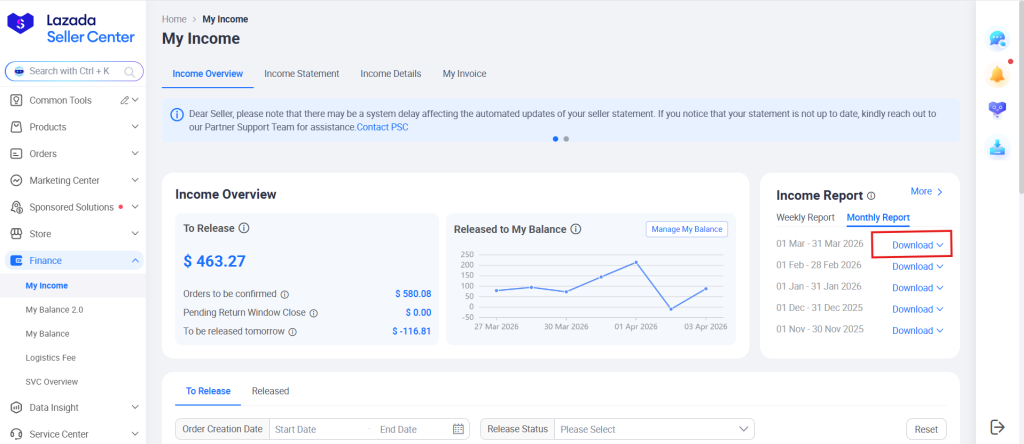 Above: Lazada Seller Centre showing the link to get monthly report. This is an itemised report showing the fees for commissions and payments