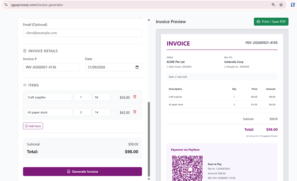 free paynow invoice generator singapore qr