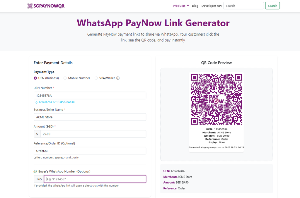 WhatsApp PayNow Link Generator