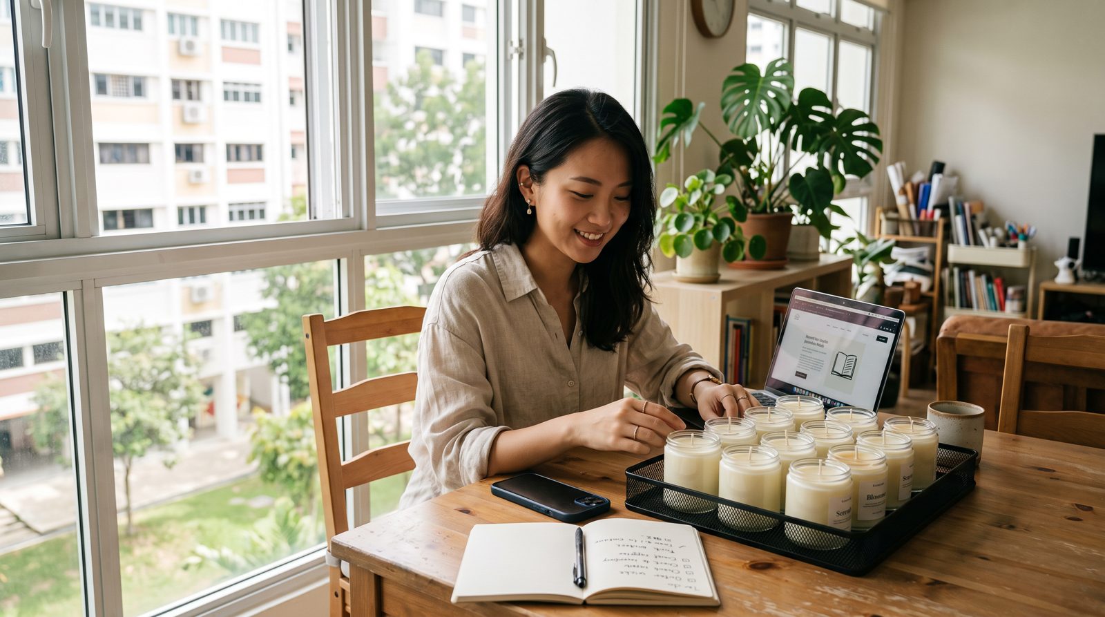 Seller registering a business on her laptop at home beside a tray of handmade candles