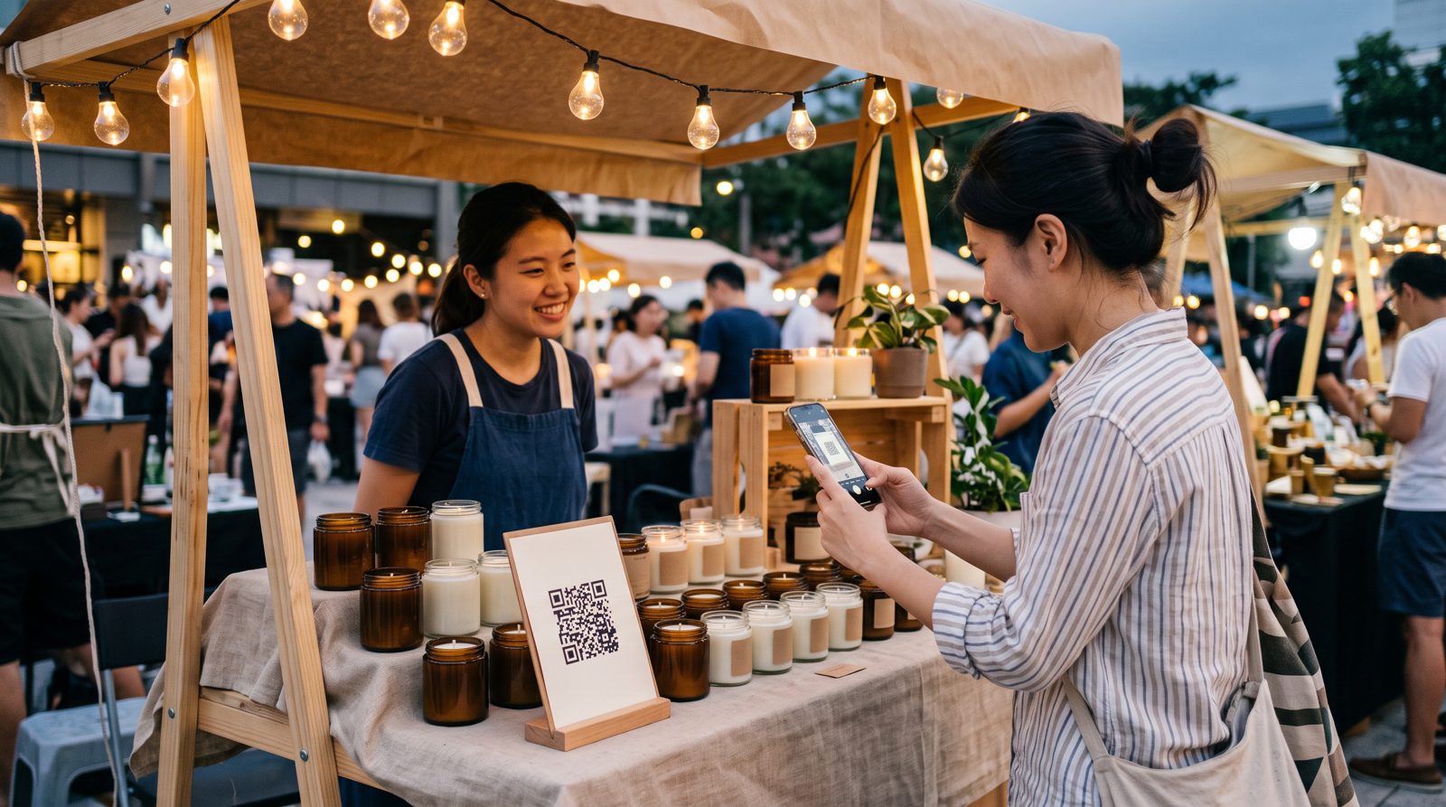 Customer scanning a PayNow QR code at a handmade candle stall at a weekend market